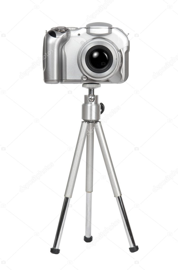 Small silver camera on a tripod