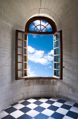 Old wide open window in castle clipart