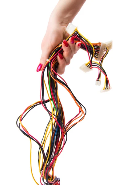Женская рука с компьютерными кабелями — стоковое фото