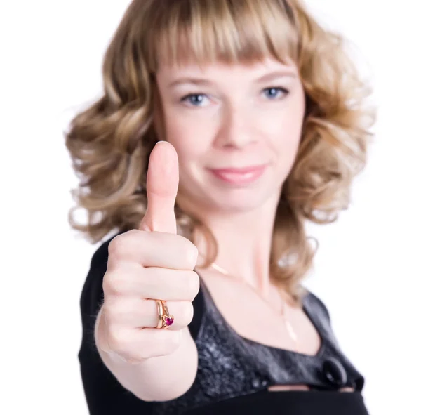 Junge Frau zeigt hervorragendes Handzeichen — Stockfoto