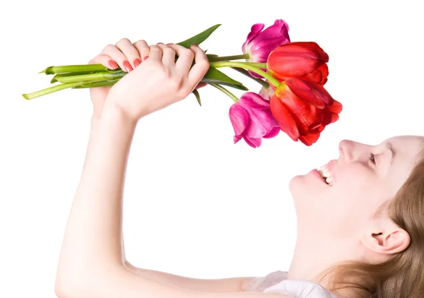 Jovem mulher feliz com flores — Fotografia de Stock