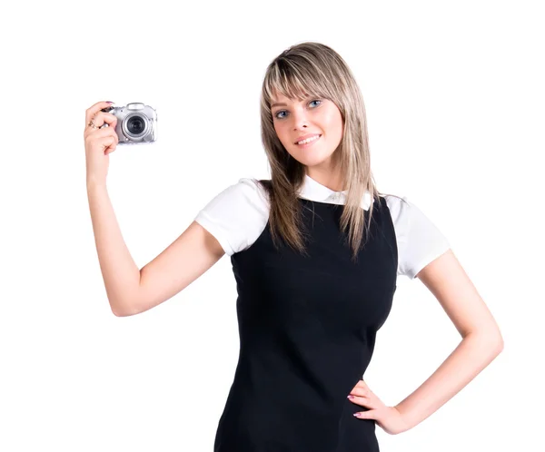 Νεαρή γυναίκα εκμετάλλευση ψηφιακή φωτογραφική μηχανή — Φωτογραφία Αρχείου