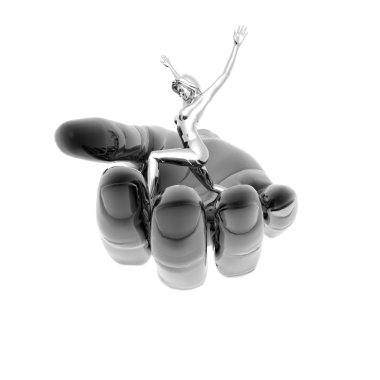 3D girl on metal hand isolated on a whit clipart