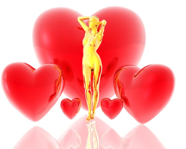 3d dorato ragazza virtuale con cuori rossi — Foto Stock