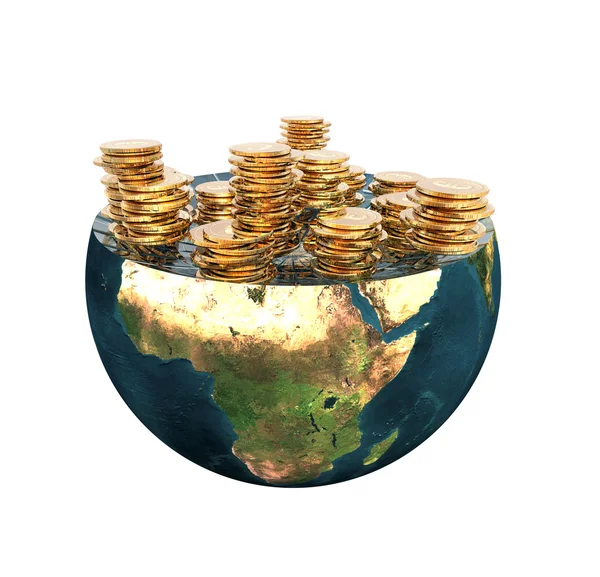 Golden coins on earth hemisphere isolate — Stock Photo, Image