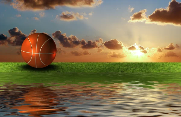 Баскетбольный мяч на зеленой траве с небом — стоковое фото
