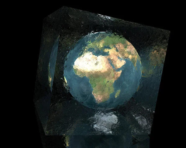 Erde in rissigem Glaswürfel mit Spiegelung — Stockfoto