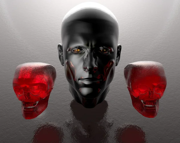 3d hombres cabeza con dos cráneos de vidrio — Foto de Stock
