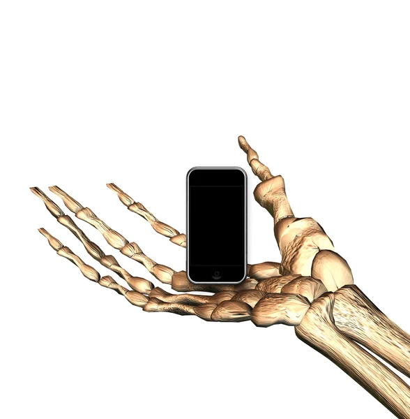 Mobilní telefon v kostech ruky izolované na w — Stock fotografie