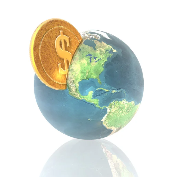 stock image Coins with 3D globe isolated on a white