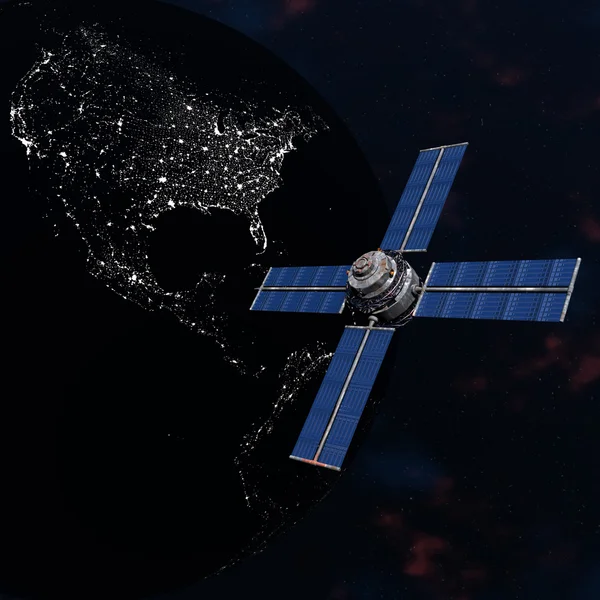 Satelitarna Sputnika na orbicie ziemi w przestrzeni — Zdjęcie stockowe