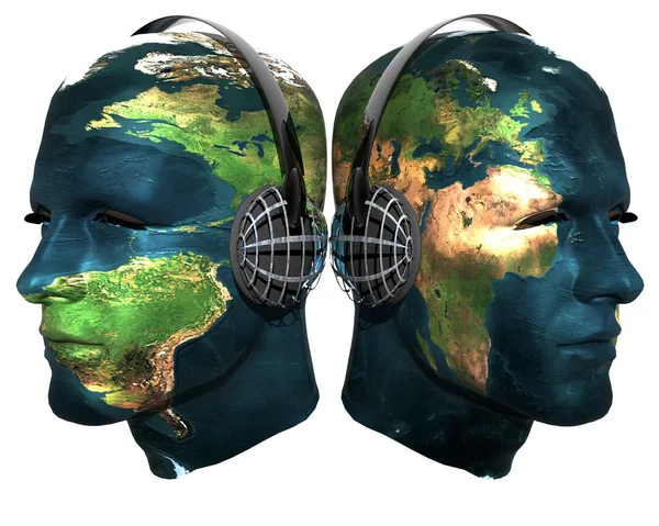 Two 3D head with earth texture with head — Stock Photo, Image