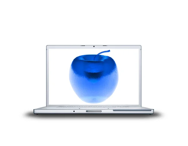 3D голубое стекло яблоко на ноутбуке — стоковое фото