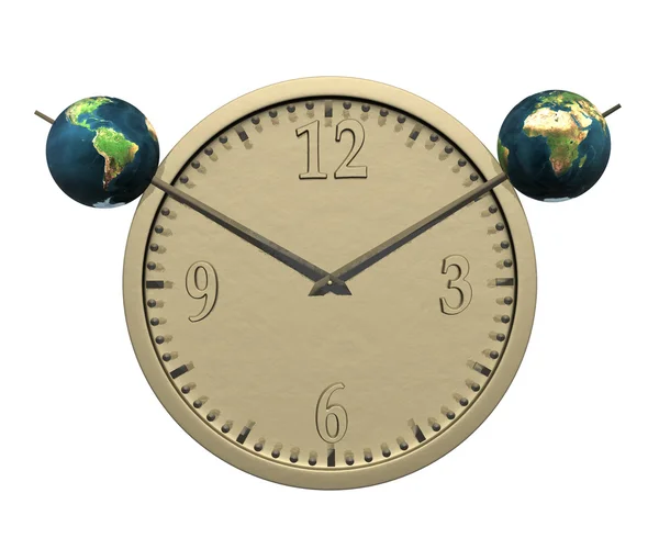 Nástěnné hodiny s dvěma země izolovány na wh — Stock fotografie