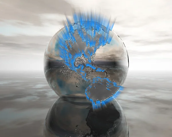3D globe on water in silver — Stock Photo, Image