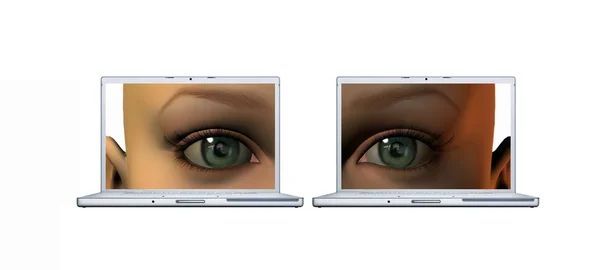 Menina olhos em um laptop telas isoladas o — Fotografia de Stock