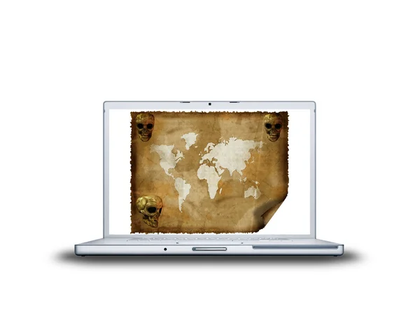 Oude wereldkaart op laptop scherm — Stockfoto
