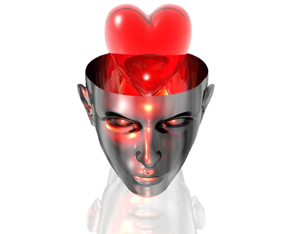 3D hjärtat i 3d cyborg flicka huvud — Stockfoto