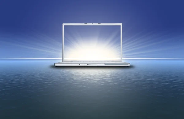 Leerer Laptop auf dem Sonnenuntergang in den blauen s — Stockfoto