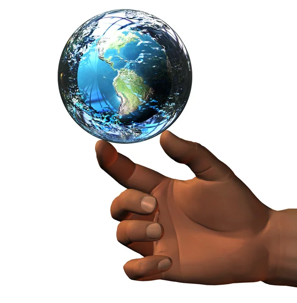 3D земля в стеклянном шаре на 3D руке — стоковое фото