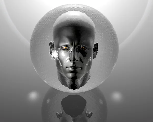3d men head with glass orb on grey — Stock Photo, Image