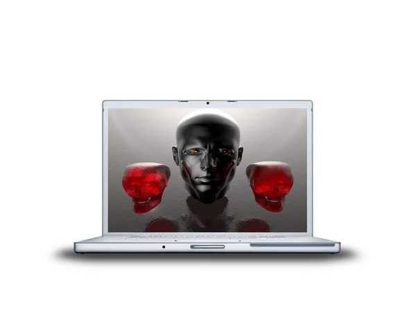 3D adam baş üstünde laptop — Stok fotoğraf