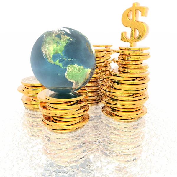 Coins with 3D globe isolated on a white — Stock Photo, Image