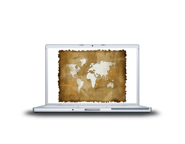 Mapa do velho mundo na tela do laptop — Fotografia de Stock
