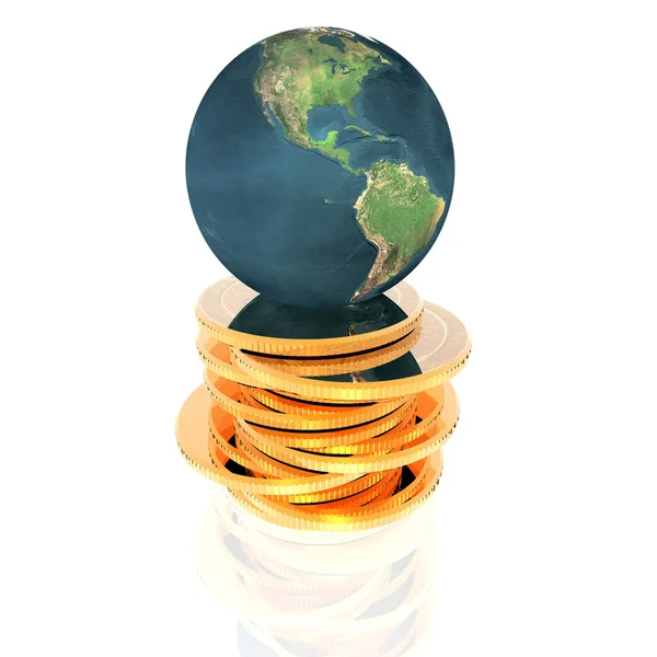 Monete con globo 3D isolato su un bianco — Foto Stock