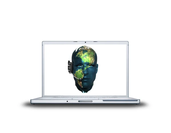 Man head world map textured on laptop sc — Stock Photo, Image