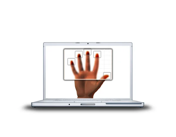 Gescannte Hand auf Laptop-Bildschirm isoliert o — Stockfoto