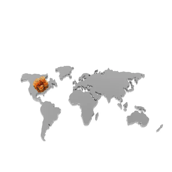 Monete d'oro sulla mappa del mondo isolato su un — Foto Stock
