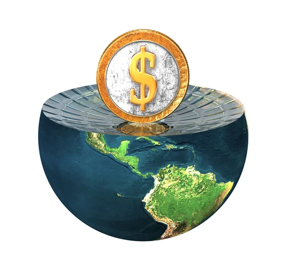Us dollar coin on earth hemisphere isola — стокове фото