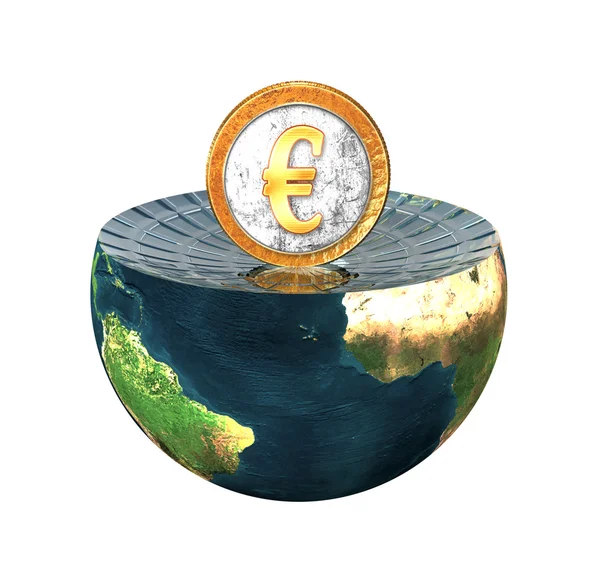 Euromunt op aarde halfrond geïsoleerde o — Stockfoto