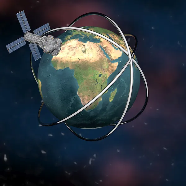 Satellit sputnik kretsar runt jorden — Stockfoto