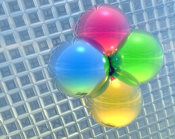 4 palle a colori lucenti su una grata — Foto Stock
