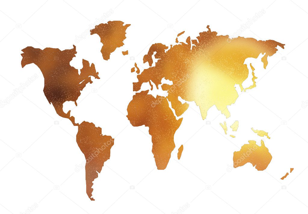 Golden world map silhouette isolated on