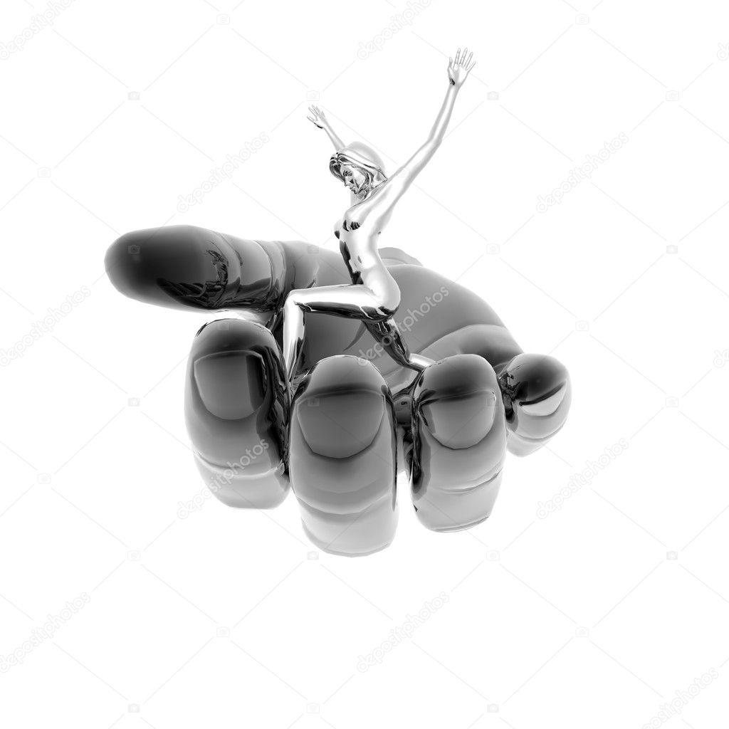 3D girl on metal hand isolated on a whit