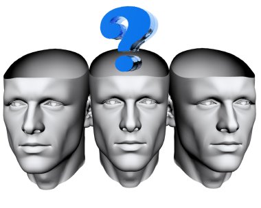 Mavi soru işareti ile 3D insan kafaları