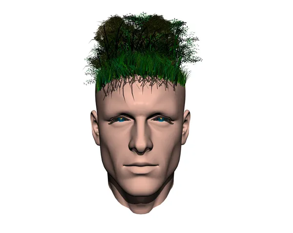 3D мужчины голову с листом и деревом — стоковое фото