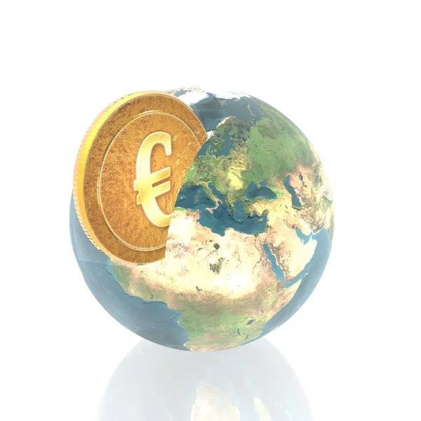 Monedas con globo 3D aisladas sobre un blanco —  Fotos de Stock