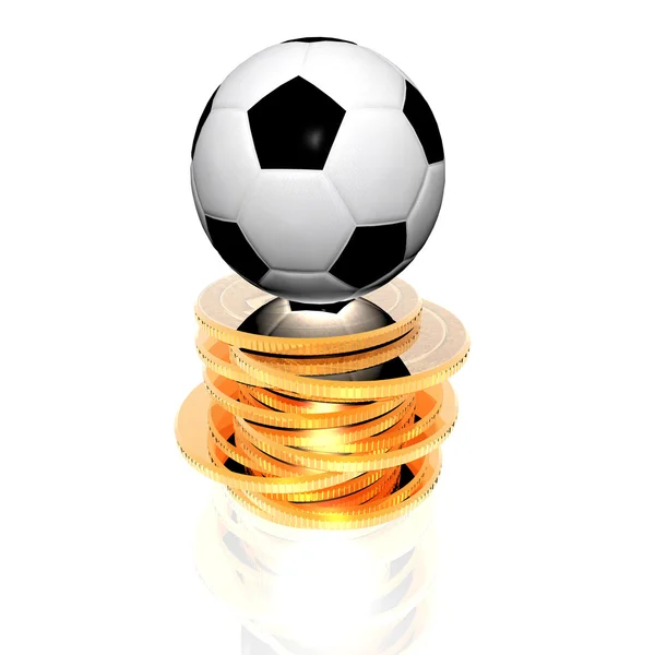 3d Soccer ball on golden coins — Stock Photo, Image