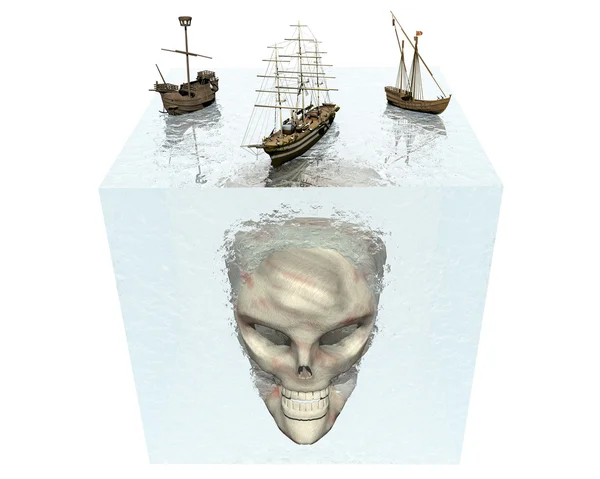 Ships on water cube with skull — Stock Photo, Image