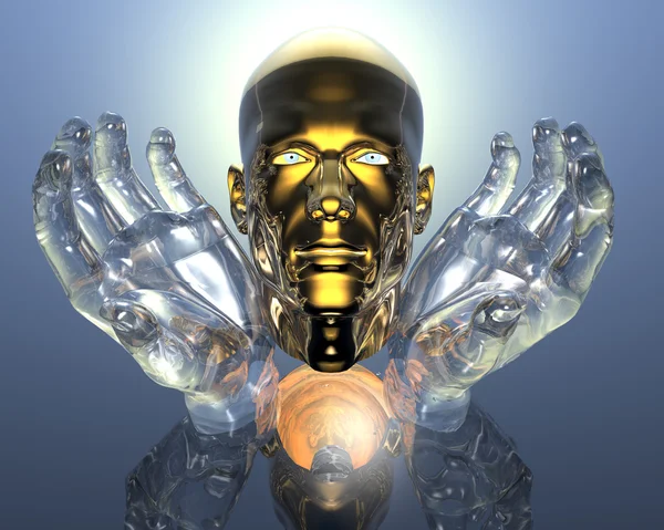 3D золотые люди голова в стеклянных руках — стоковое фото