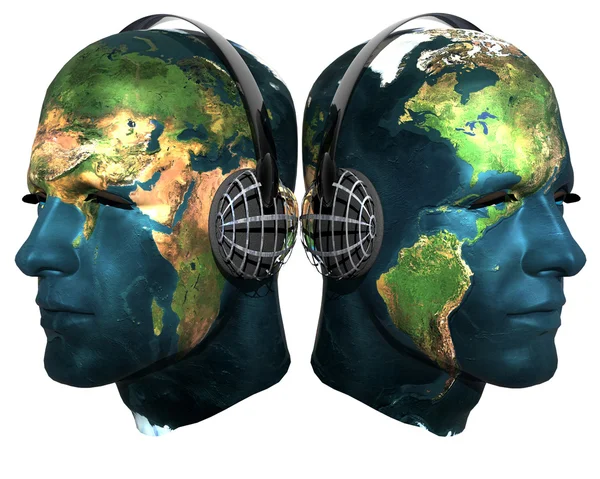 Two 3D head with earth texture — Stock Photo, Image