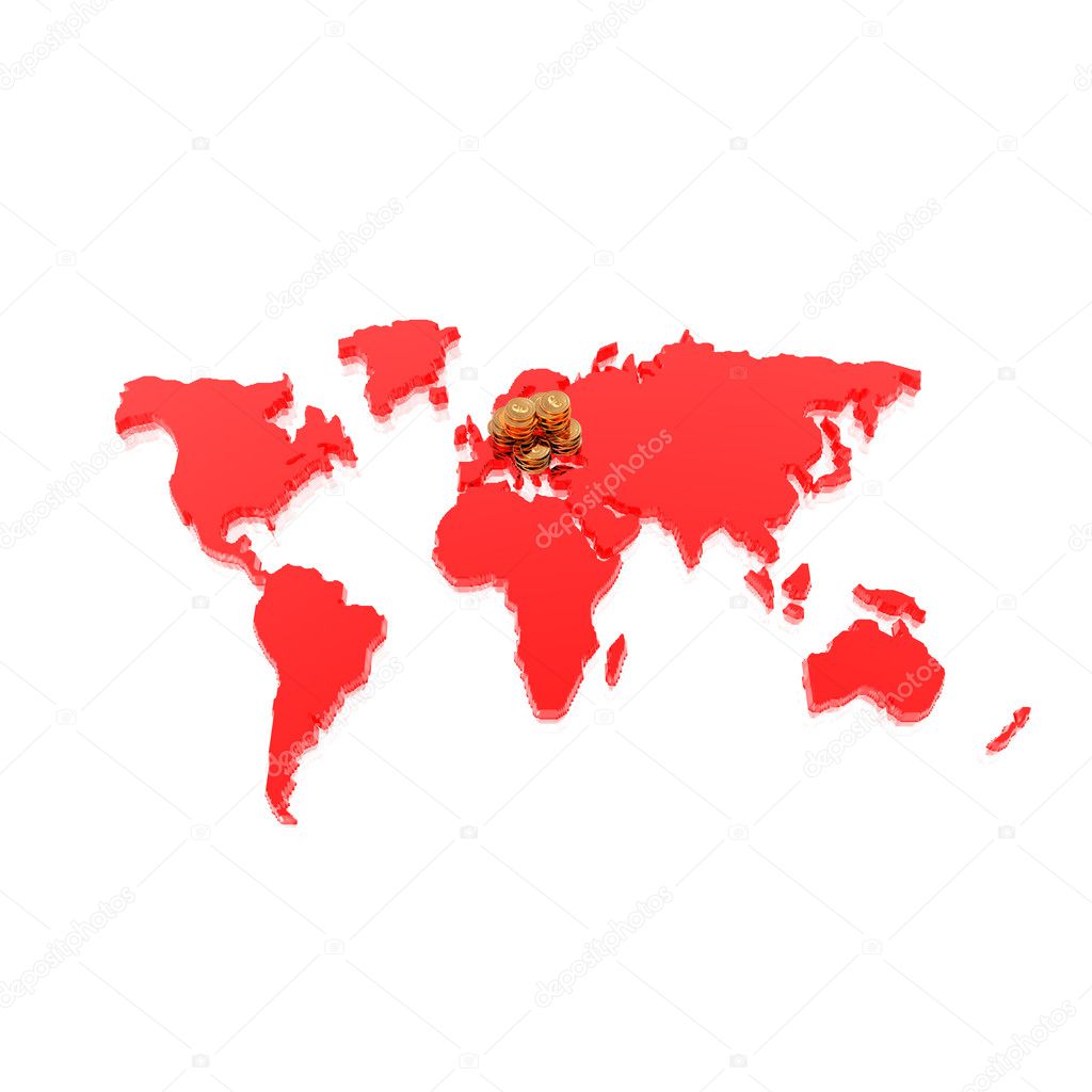 Golden coins on world map