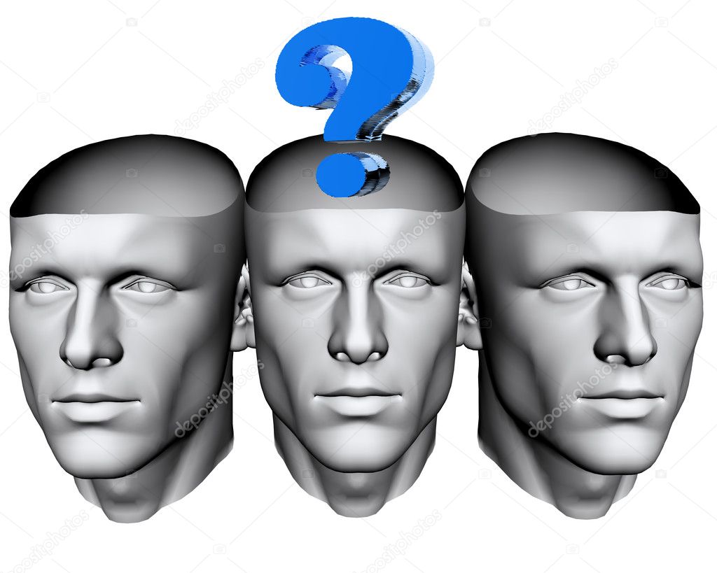3D man heads with blue question mark