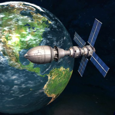 Satelite sputnik orbiting earth in space clipart