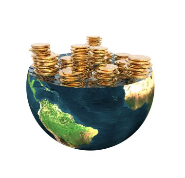 Golden coins on earth hemisphere isolated on a white clipart