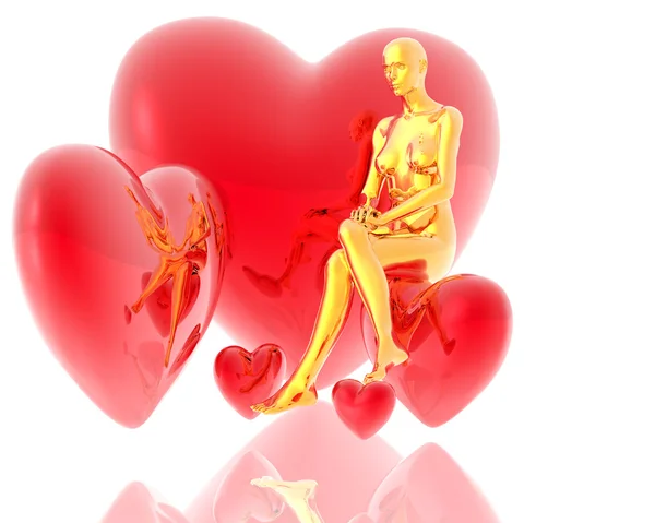 Golden virtual girl with red hearts — Stock Photo, Image